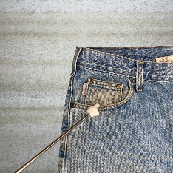 Vintage Carhartt Jeans Relaxed Fit Light Wash Work Wear Denim Leather Logo 90s - Picture 11 of 11